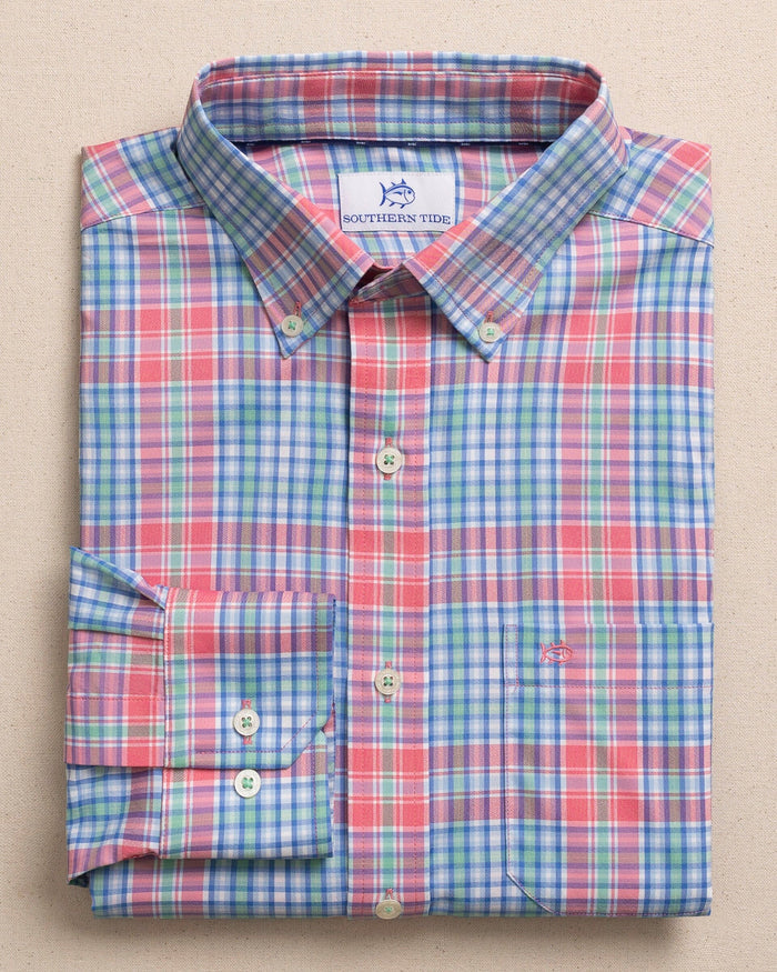 The front view of the Southern Tide Ocean Isle Coastal Breeze® Sport Shirt by Southern Tide - Island Pink