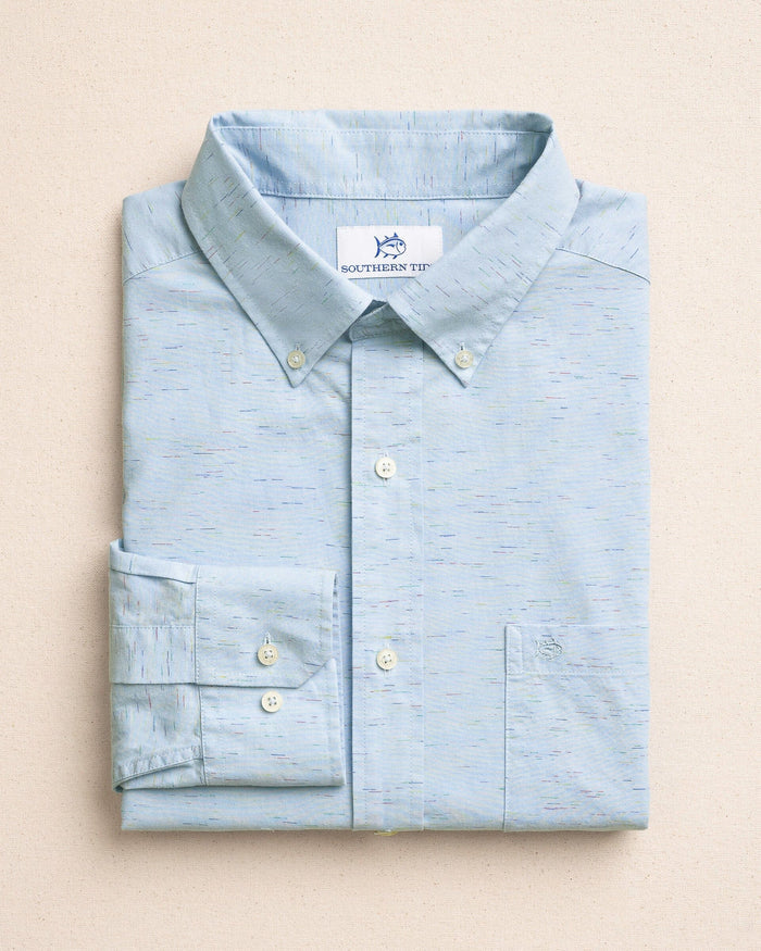 The front view of the Southern Tide Ocean Mist Slub Sport Shirt by Southern Tide - Light Blue