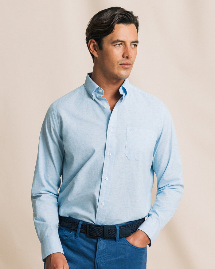 The front view of the Southern Tide Ocean Mist Slub Sport Shirt by Southern Tide - Light Blue