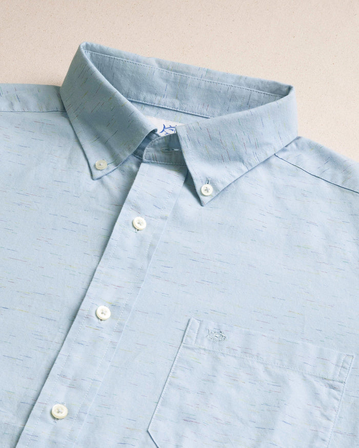The detail view of the Southern Tide Ocean Mist Slub Sport Shirt by Southern Tide - Light Blue