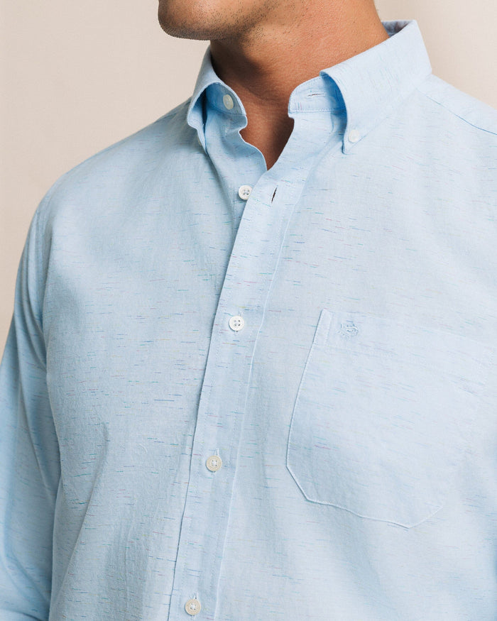 The detail view of the Southern Tide Ocean Mist Slub Sport Shirt by Southern Tide - Light Blue
