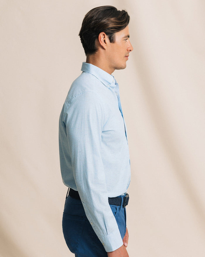 The side view of the Southern Tide Ocean Mist Slub Sport Shirt by Southern Tide - Light Blue