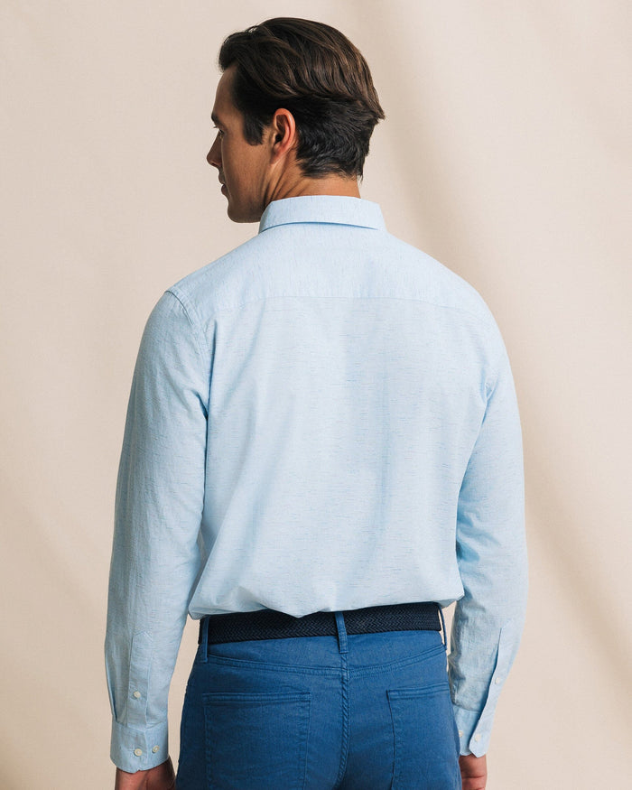 The back view of the Southern Tide Ocean Mist Slub Sport Shirt by Southern Tide - Light Blue