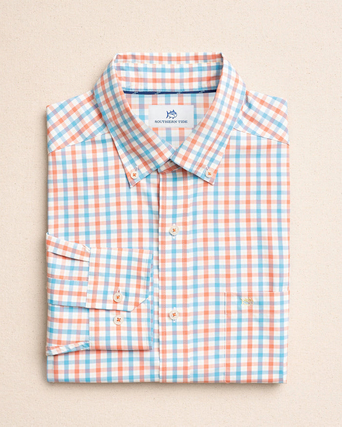 The front view of the Southern Tide Ocean Song Coastal Breeze® Sport Shirt by Southern Tide - Orange Blossom