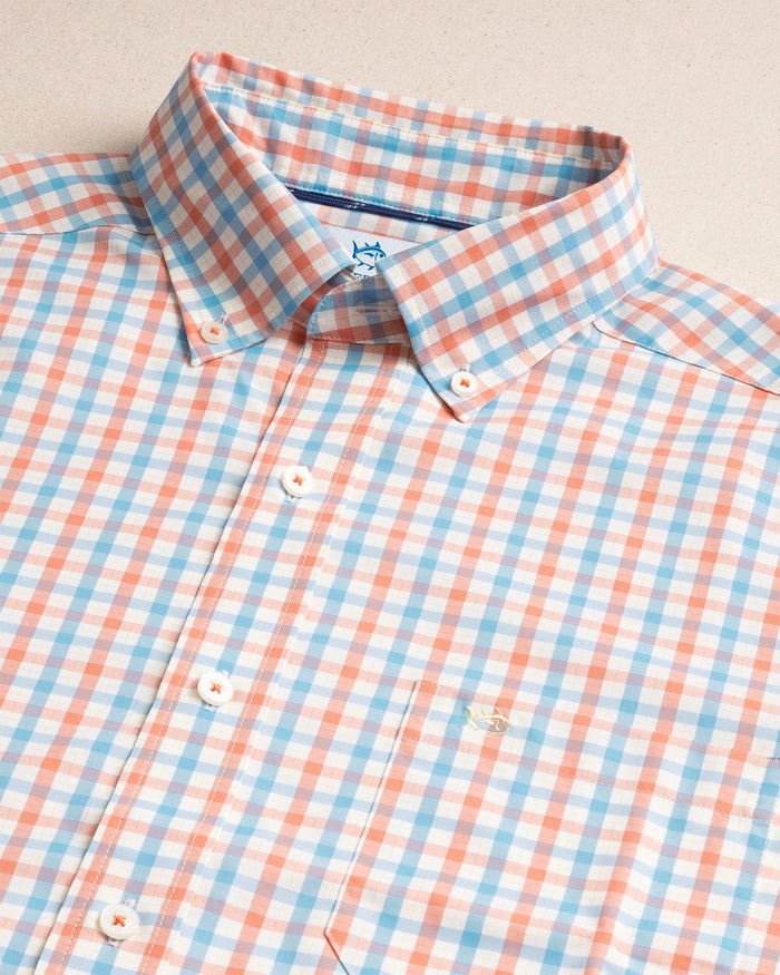 The detail view of the Southern Tide Ocean Song Coastal Breeze® Sport Shirt by Southern Tide - Orange Blossom
