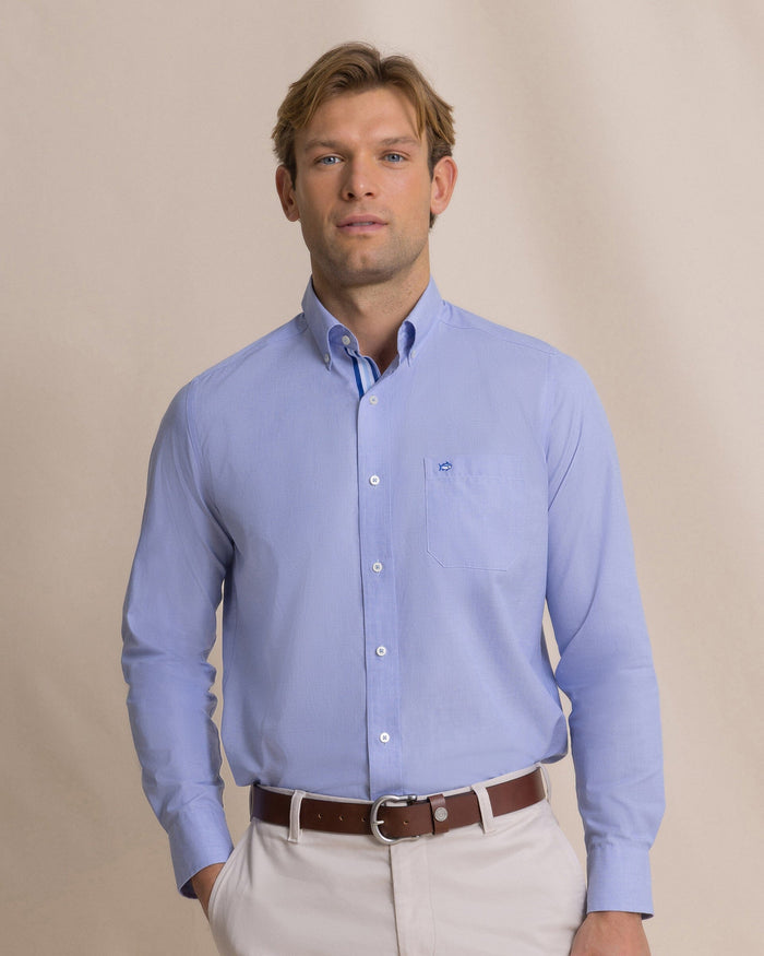 The front view of the Southern Tide Offshore End on End Sport Shirt by Southern Tide - Light Blue