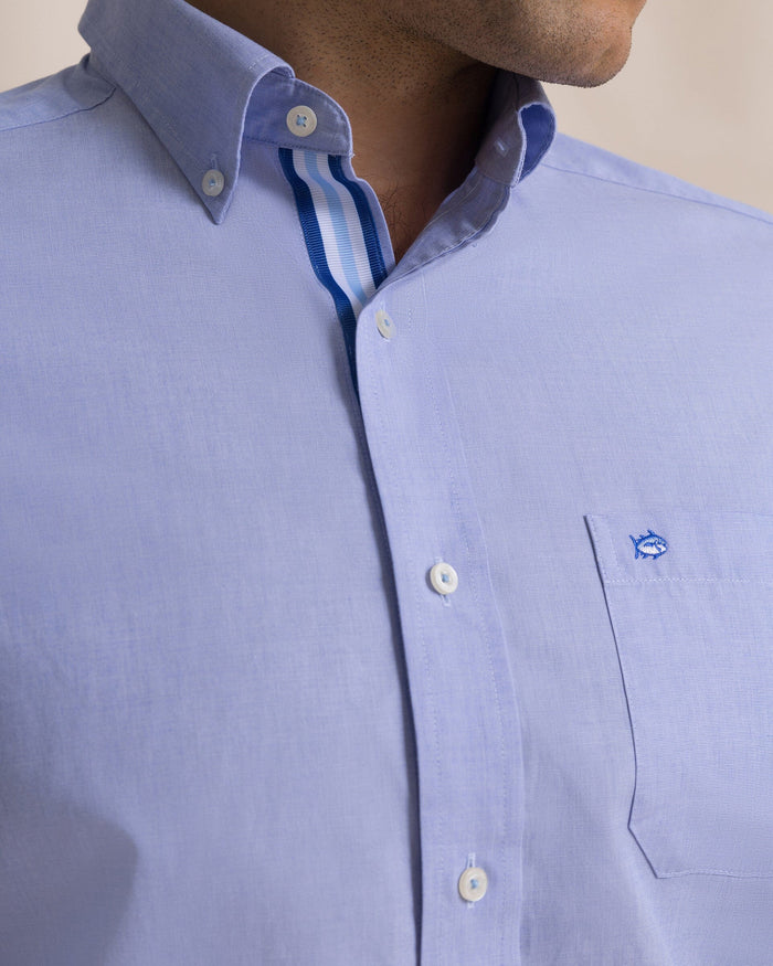 The detail view of the Southern Tide Offshore End on End Sport Shirt by Southern Tide - Light Blue