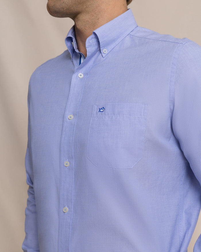 The detail view of the Southern Tide Offshore End on End Sport Shirt by Southern Tide - Light Blue