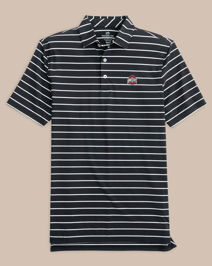 The front view of the Ohio State Buckeyes brrr°®-eeze Desmond Stripe Polo by Southern Tide - Black