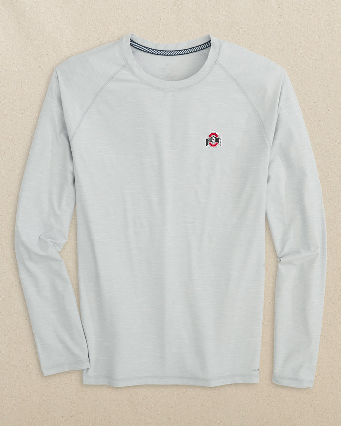 The front view of the Southern Tide Ohio State Buckeyes brrr°®-illiant Performance Long Sleeve T-Shirt by Southern Tide - Platinum Grey