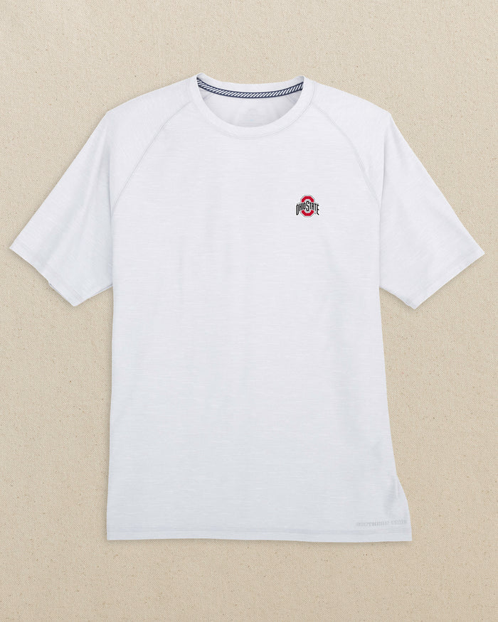 The front view of the Southern Tide Ohio State Buckeyes brrr°®-illiant Performance T-Shirt by Southern Tide - Platinum Grey