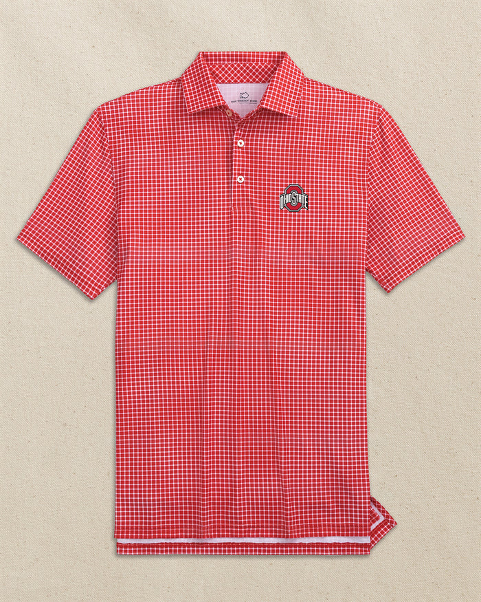 The front view of the Southern Tide Ohio State Buckeyes Driver Dunes Edge Plaid Polo by Southern Tide - Varsity Red