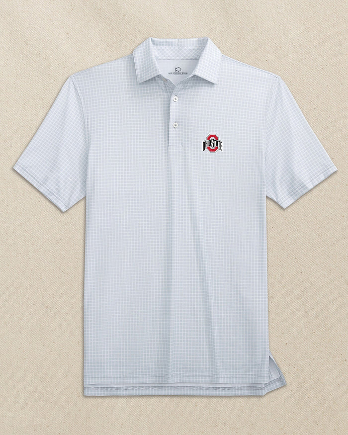 The front view of the Southern Tide Ohio State Buckeyes Driver Dunes Edge Plaid Polo by Southern Tide - Slate Grey