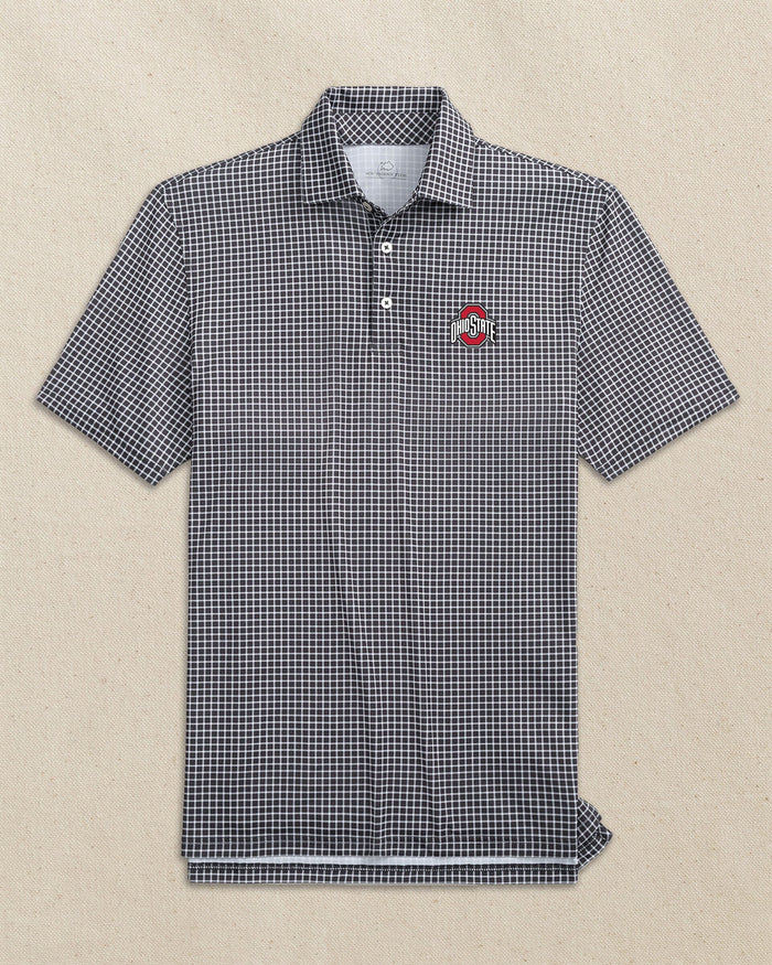 The front view of the Southern Tide Ohio State Buckeyes Driver Dunes Edge Plaid Polo by Southern Tide - Black