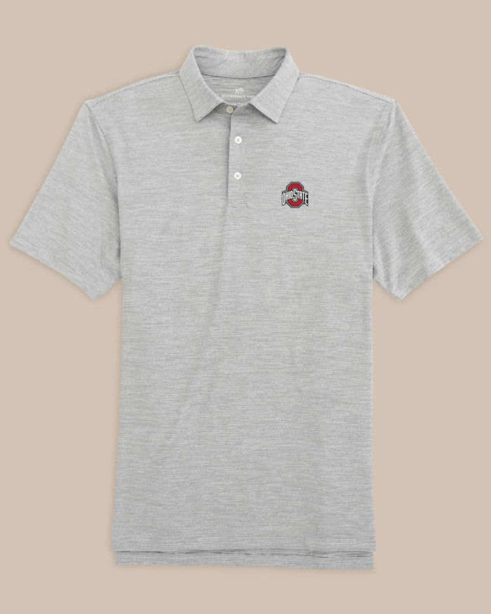 The front of the Ohio State Buckeyes Driver Spacedye Polo Shirt by Southern Tide - Black