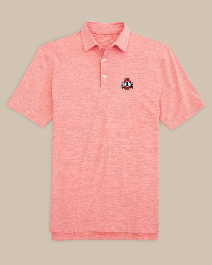 The front of the Ohio State Buckeyes Driver Spacedye Polo Shirt by Southern Tide - Varsity Red