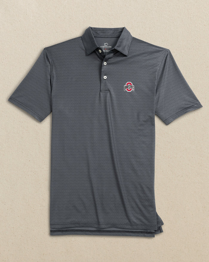 The front view of the Southern Tide Ohio State Buckeyes Driver ST Geo Printed Polo by Southern Tide - Caviar Black