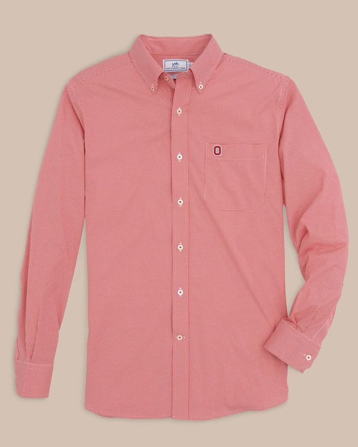 The front view of the Southern Tide Ohio State Buckeyes Gingham Button Down Shirt by Southern Tide - Varsity Red
