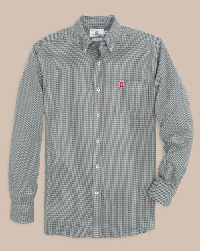 The front view of the Southern Tide Ohio State Buckeyes Gingham Button Down Shirt by Southern Tide - Black