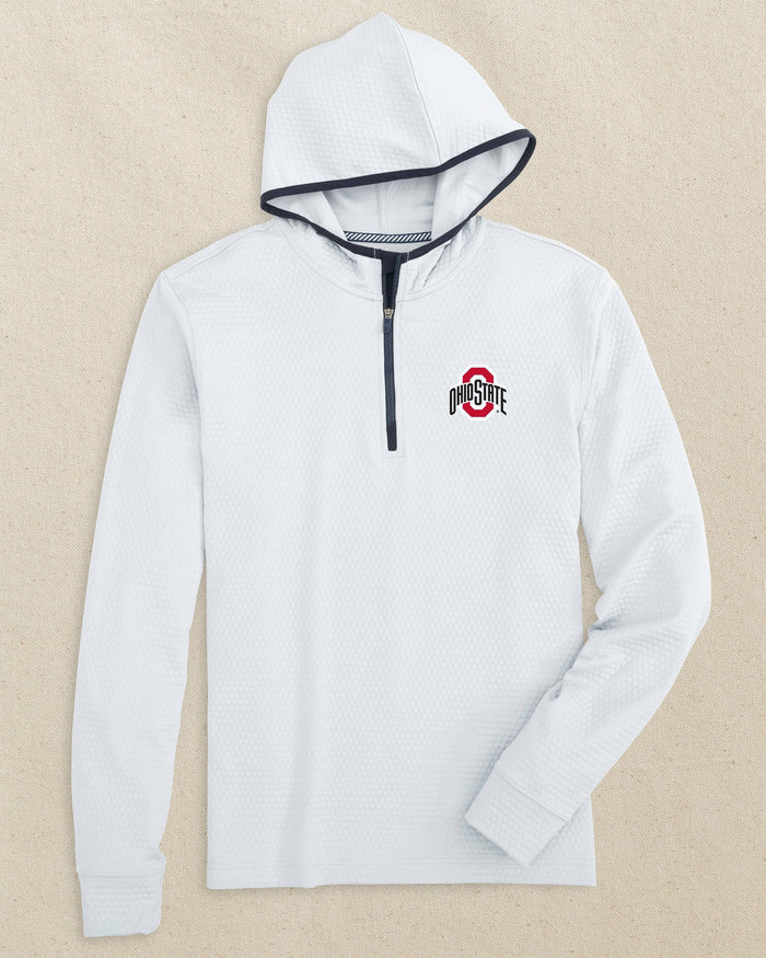The front view of the Southern Tide Ohio State Buckeyes Scuttle Quarter Zip Hoodie by Southern Tide - Heather Slate Grey