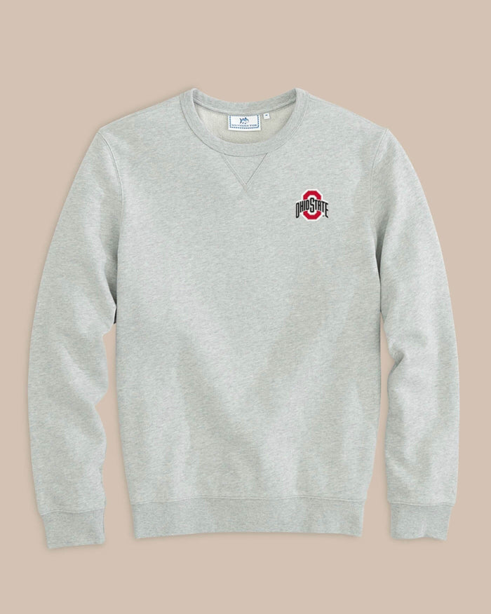 The front of the Men's Ohio State Buckeyes Upper Deck Pullover Sweatshirt by Southern Tide - Heather Slate Grey
