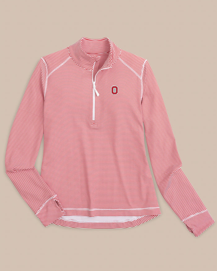 The front view of the Southern Tide Ohio State Buckeyes Women's Striped Runaround Quarter Zip by Southern Tide - Varsity Red