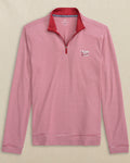 The front view of the Southern Tide Oklahoma Sooner Schooner Cruiser Micro-Stripe Heather Quarter Zip by Southern Tide - Heather Crimson