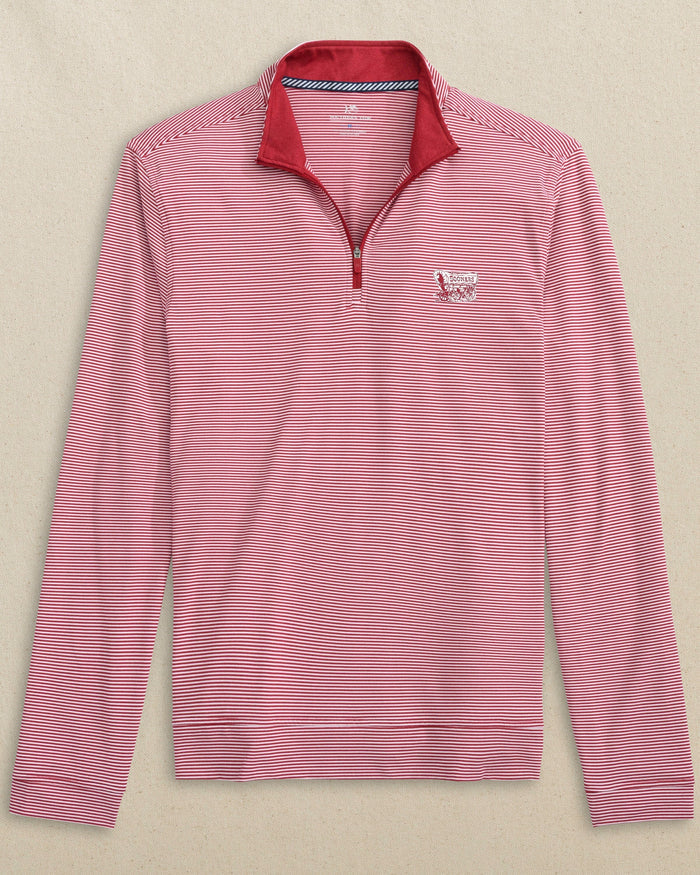 The front view of the Southern Tide Oklahoma Sooner Schooner Cruiser Micro-Stripe Heather Quarter Zip by Southern Tide - Heather Crimson