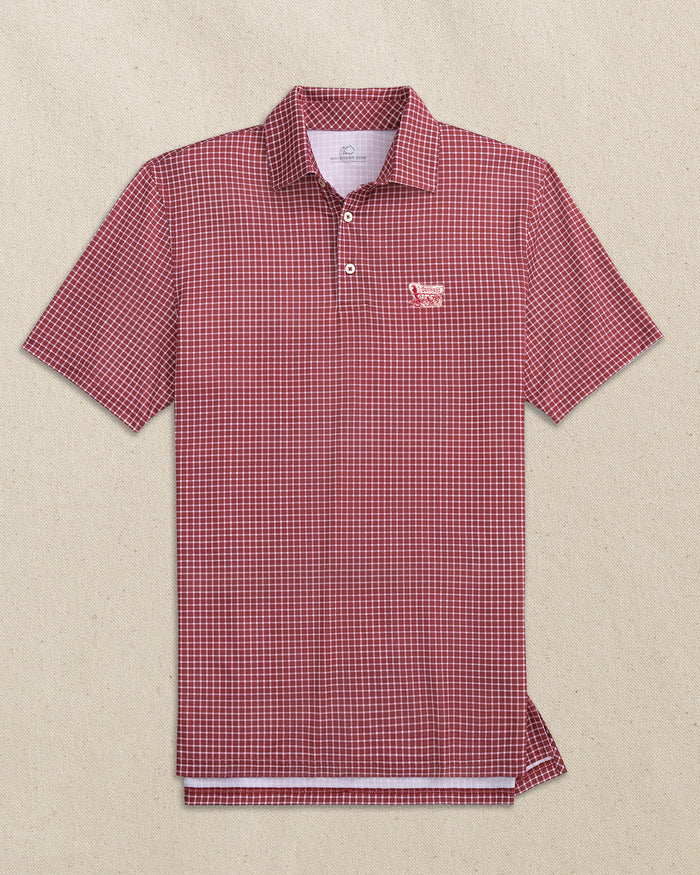 The front view of the Southern Tide Oklahoma Sooner Schooner Driver Dunes Edge Plaid Polo by Southern Tide - Crimson