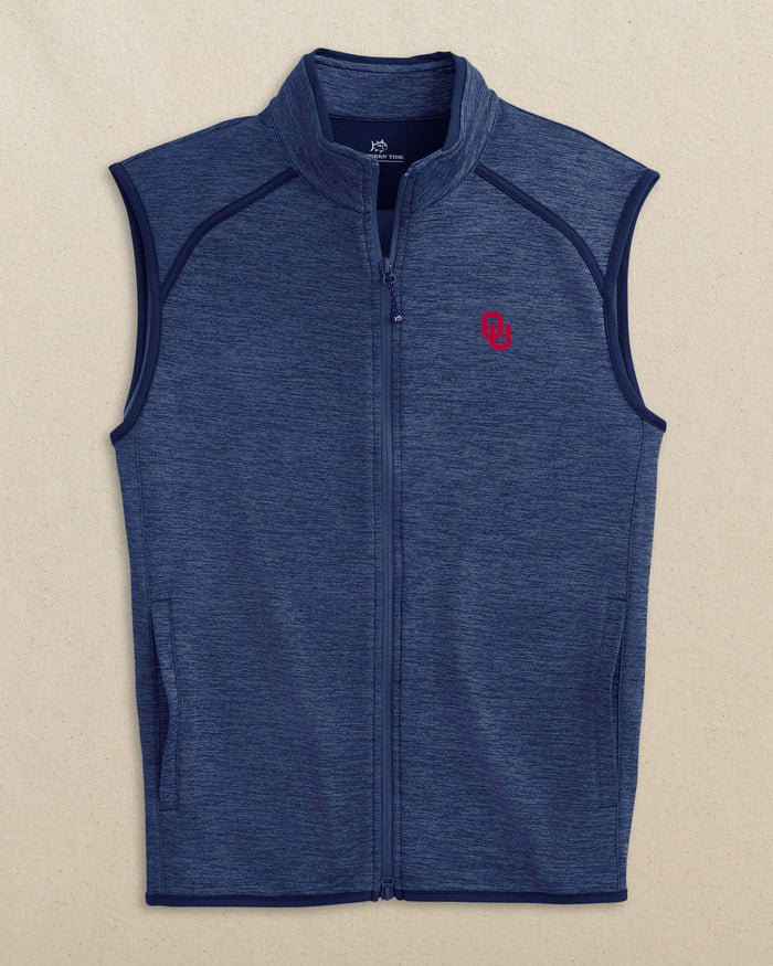 The front view of the Southern Tide Oklahoma Sooners Baybrook Heather Vest by Southern Tide - Heather Navy