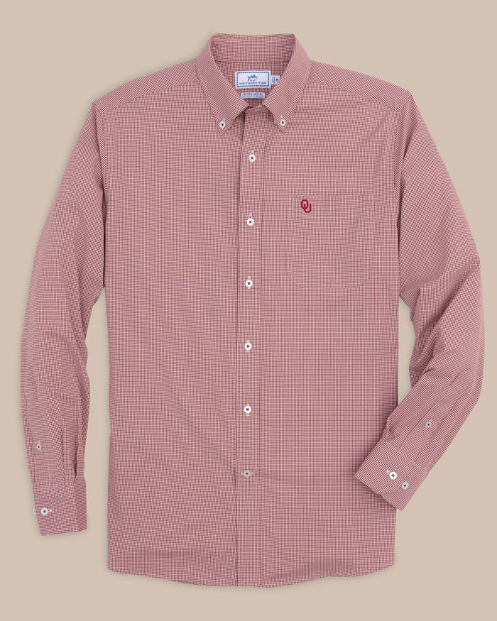 The front view of the Southern Tide Oklahoma Sooners Gingham Button Down Shirt by Southern Tide - Crimson
