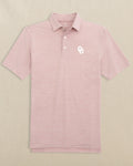 The front view of the Southern Tide Oklahoma Sooners White Logo Driver Spacedye Polo Shirt by Southern Tide - Crimson