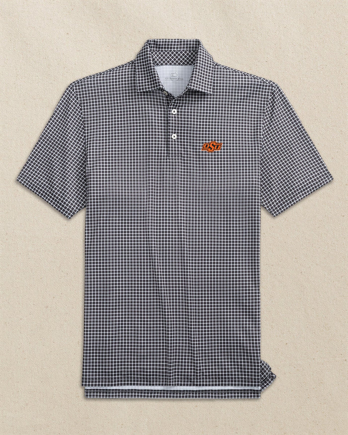 The front view of the Southern Tide Oklahoma State Cowboys Driver Dunes Edge Plaid Polo by Southern Tide - Black