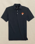 The front view of the Southern Tide Oklahoma State Pistol Pete brrr°®-eeze Heather Performance Polo by Southern Tide - Heather Caviar Black
