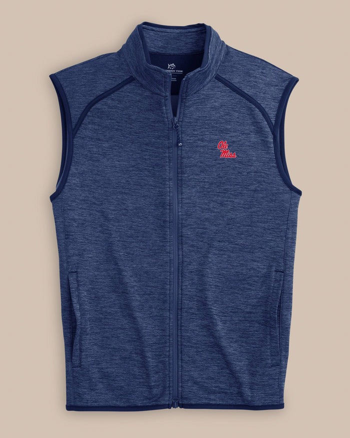 The front view of the Southern Tide Ole Miss Rebels Baybrook Heather Vest by Southern Tide - Heather Navy