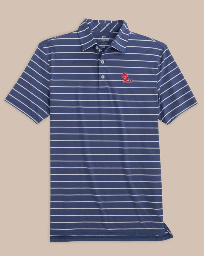The front view of the Southern Tide Ole Miss Rebels brrr°®-eeze Desmond Stripe Polo by Southern Tide - Navy