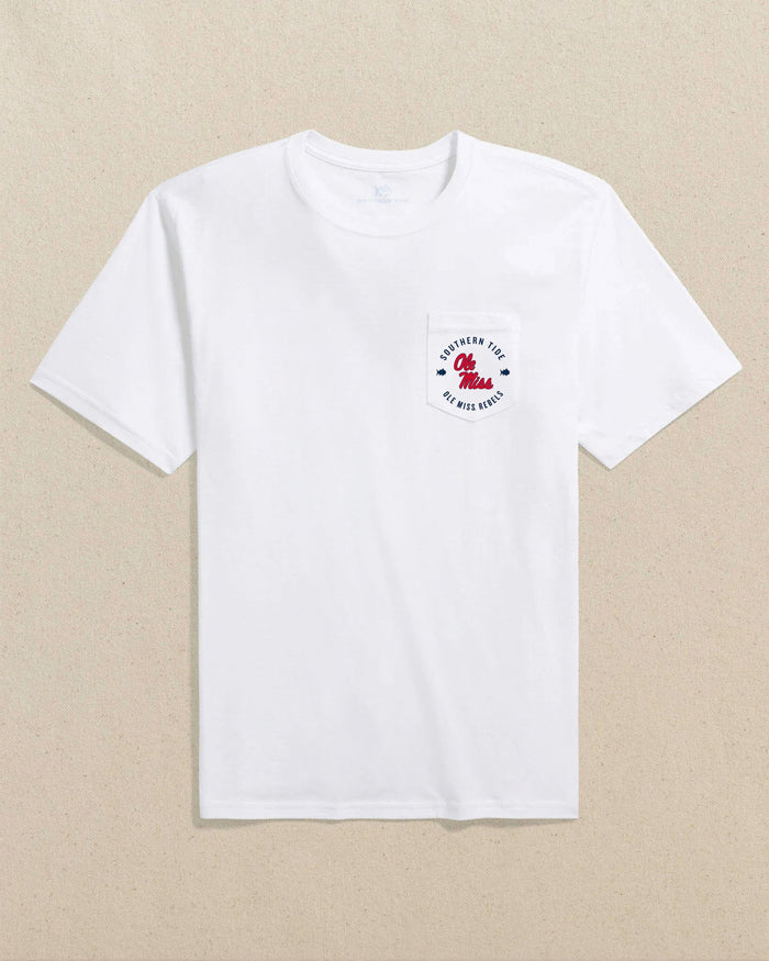 The front view of the Southern Tide Ole Miss Rebels Game Bound Short Sleeve T-Shirt by Southern Tide - Classic White