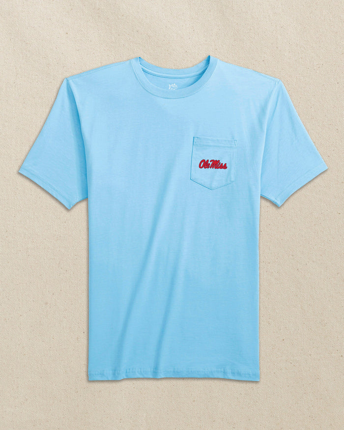 The front view of the Southern Tide Ole Miss Rebels Skipjack Play Short Sleeve T-Shirt by Southern Tide - Rush Blue and Varsity Red
