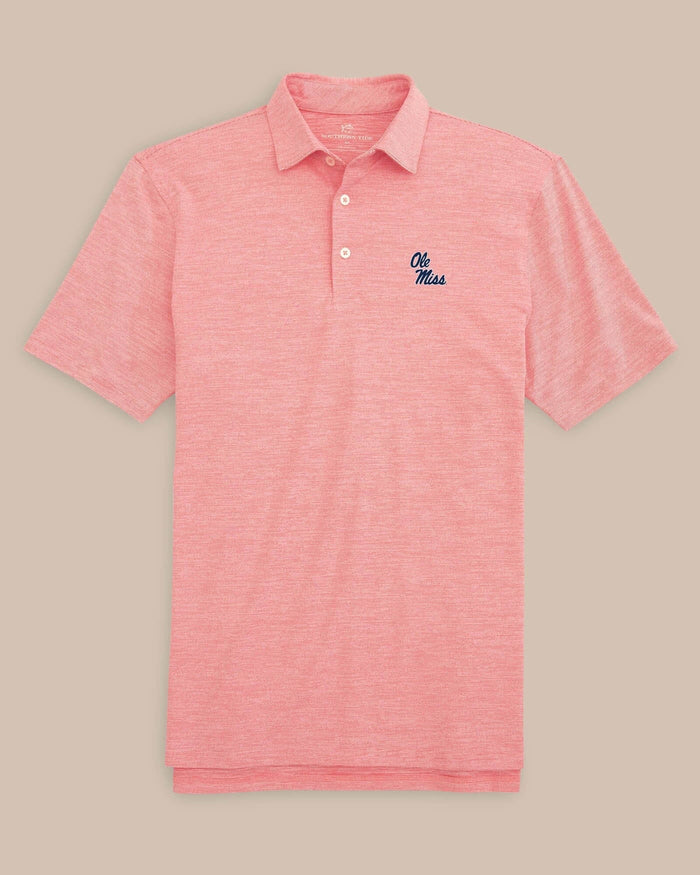 The front view of the Southern Tide Ole Miss Stacked Driver Spacedye Polo Shirt by Southern Tide - Varsity Red