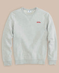 The front view of the Southern Tide Ole Miss Upper Deck Pullover Sweatshirt by Southern Tide - Heather Slate Grey