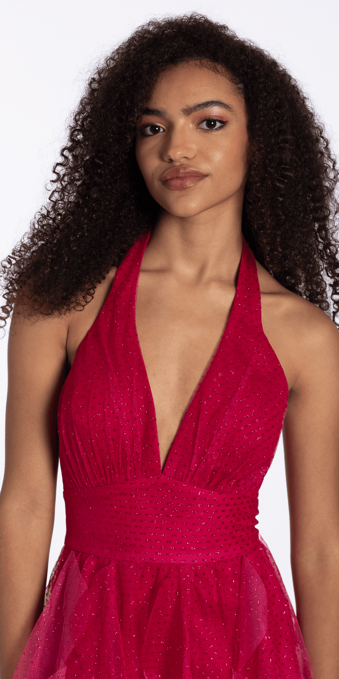 raspberry/size/4/missy/Camille La Vie/Camille La Vie/ Ombre Glitter Mesh Halter Fit and Flare Dress/close up