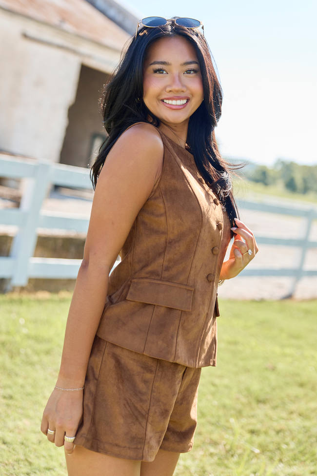 On The Fringe Suede Vest Top Brown