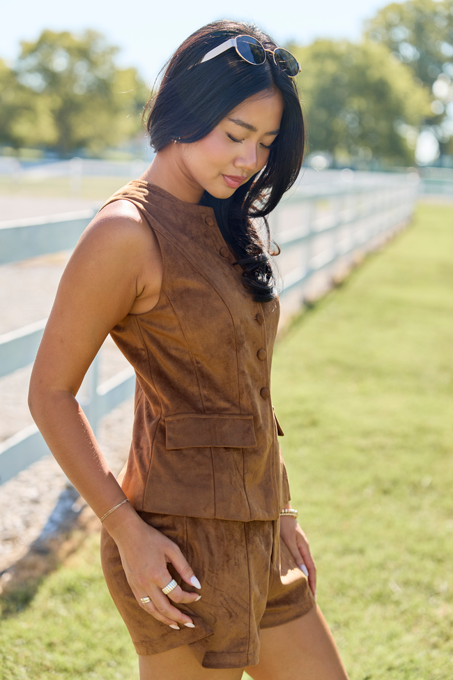On The Fringe Suede Vest Top Brown