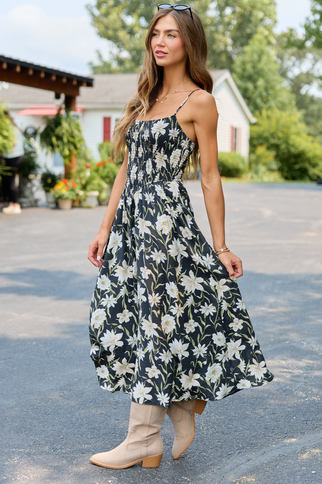 Only You Know Black Floral Midi Dress