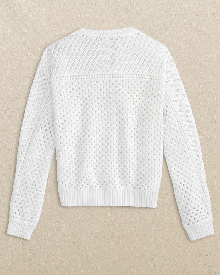 The back view of the Southern Tide Ophelia Open Stitch Sweater by Southern Tide - Classic White