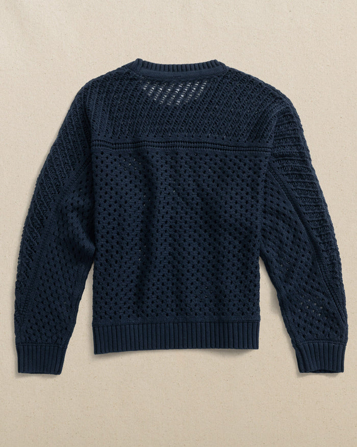 The back view of the Southern Tide Ophelia Open Stitch Sweater by Southern Tide - Dress Blue