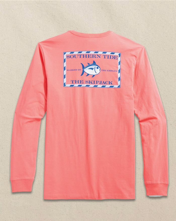 The back view of the Southern Tide Original Skipjack Long Sleeve Pocket T-Shirt by Southern Tide - Light Coral