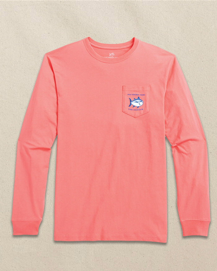 The front view of the Southern Tide Original Skipjack Long Sleeve Pocket T-Shirt by Southern Tide - Light Coral