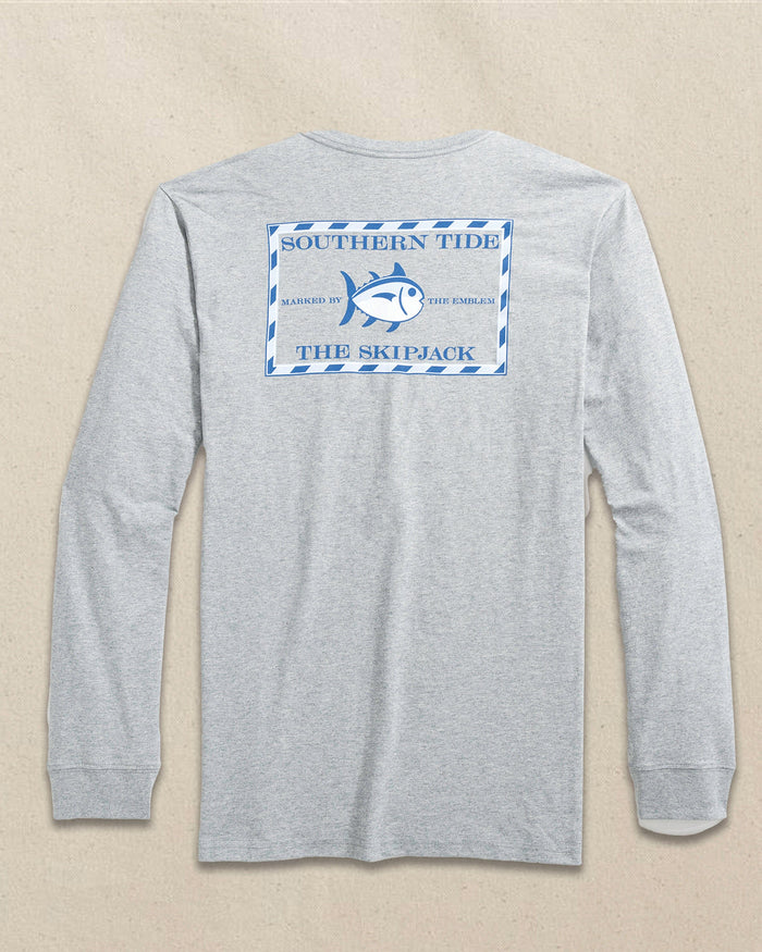 The back view of the Southern Tide Original Skipjack Long Sleeve Pocket T-Shirt by Southern Tide - Heather Grey