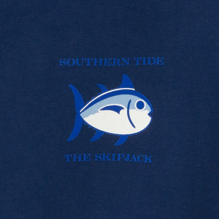 The detail of the Men's Navy Original Skipjack Short Sleeve T-Shirt by Southern Tide - Yacht Blue